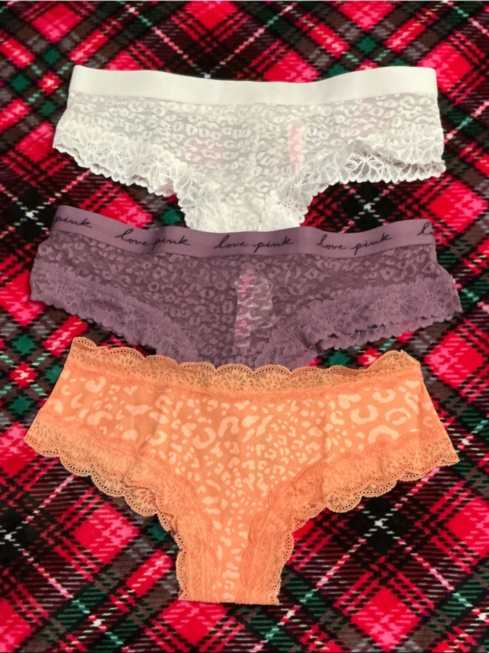 PINK Victoria's Secret Lace Cheeky Panty Set - White, Purple, Peach
